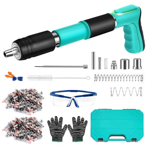 Pistola de clavos manual con 200 clavos redondos, 5 velocidades, dispositivo de disparo de perno ajustable para acero y hormigón, portátil y silencioso, con gancho para suspensión y kit de protección