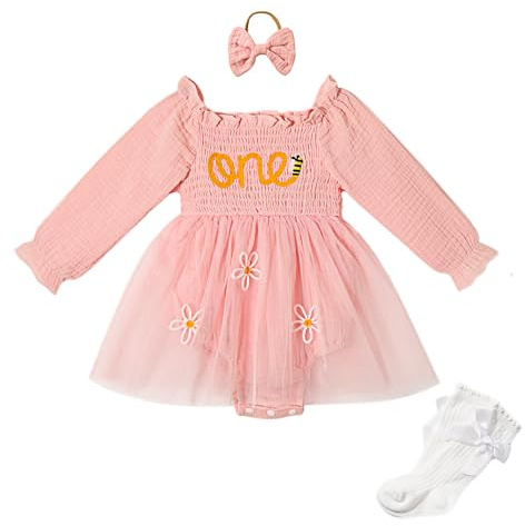 Miipat Bebé Niña 1er Año Cumpleaños Vestido Manga Larga Primer Cumpleaños Abitini Fotografía Ropa Conjuntos con Banda de Cabezay Calcetines 9-12 Meses