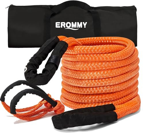 Erommy Kinetic Recovery Tow Rope with 2 Soft Shackles,Elongation over 30% Heavy Duty Tow Strap(11200kg) for Car Pickup Truck Tractor Jeep RV etc. Rescue in Snow,Sand and mud Environments,Orange