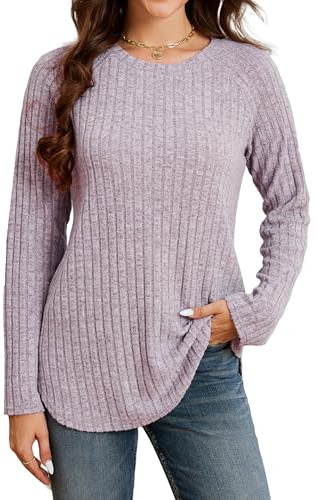 Enmain Jersey Mujer Invierno Largo Cuello Redondo Sueter Mujer Manga Larga Lila Ligero Anchos Otoño Jersey Punto para Leggins XL
