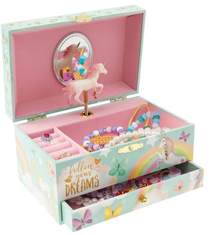 Alongen Musical Jewellery Box for Girls, 2 Layer Kids Dancing Music Box with Mirror Jewelry Organizer with Drawer Bracelet Ring Holder Case for Girls Kids Present(Green)