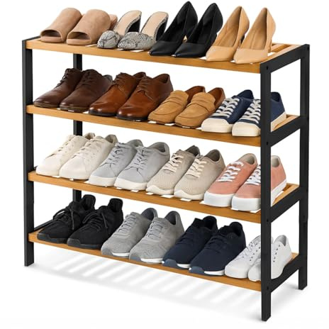 Neo 4-Tier Bamboo Shoe Rack Wooden Shoe Storage Organiser Shelf for Hallway, Entrance Living Room 67 x 70 x 25cm (Black/Natural)