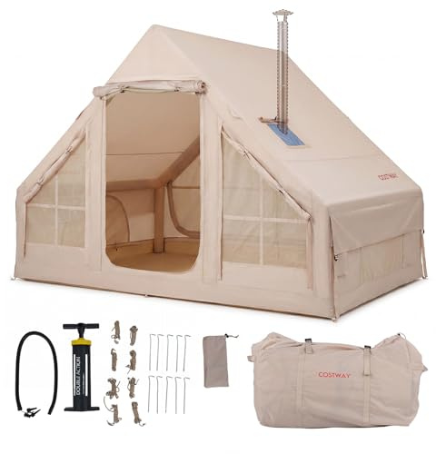 COSTWAY Tienda de Campaña Inflable para 4 Personas, Tienda Glamping Familiar, Doble Puerta, Apertura de Chimenea, Ventanas de Malla y Bomba de Aire, Carpa Impermeable Exterior para 4 Estaciones