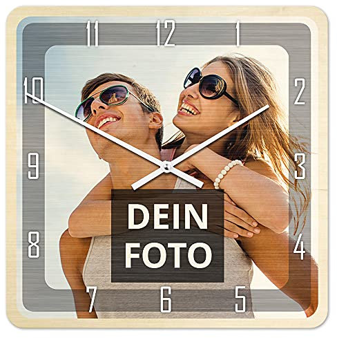 PhotoFancy® - Uhr mit Foto Bedrucken - Fotouhr aus Holz - Wanduhr mit eigenem Motiv selbst gestalten (35 x 35 cm eckig)