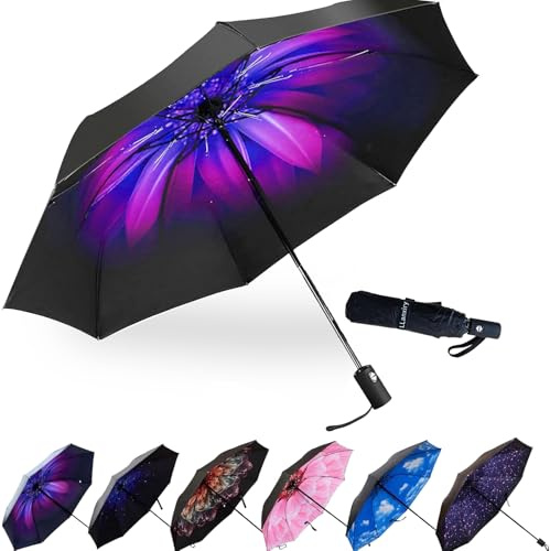 LLanxiry Compact Travel Umbrella, 44 Canopy, Automatic Open/Close Windproof Umbrella, 210T Pongee, 8-Rib Fiberglass, Travel Size Mini, Portable Rain/Sun Umbrellas UPF 50+ with Cover
