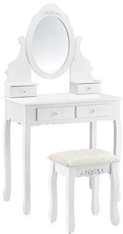 Juego de Tocador Mesa de Maquillaje con Espejo y Taburete Acolchado 141 x 75 x 40cm Forma Ovalada 4 Cajones Blanco