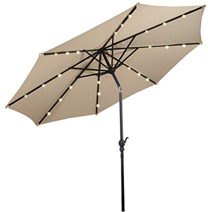 GOPLUS Parasol de Jardin Exterieur 3M, Parasol Inclinable 8 Baleines, Lumineux Solaire 24 LED, Manivelle, Anti-UV, Grand Parasol en Métal pour Plage Balcon Patio, Base Non Incluse, Beige