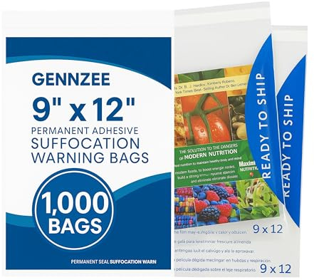 GennZee - Clear Poly Bags Ready to Ship Strong Adhesive Strip with Suffocation Warning (9x12 1,000 Pack)
