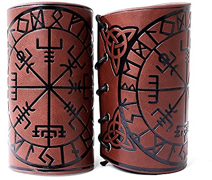 Thajaling 2 Pcs Leather Gauntlet Wristband Punk Bracer Leather Arm Guards Gauntlet Viking Runic Compass Embossed Arm Bracers, Medieval Leather Arm Guards, Archery Armguard (Brown)