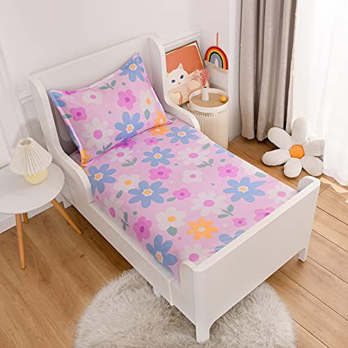 KWLOVER 2PC Soft Bed Fitted Sheet and Pillowcases Set,Purple Flowers Printed Sheets for Kids Girls Single Twin Size Bed