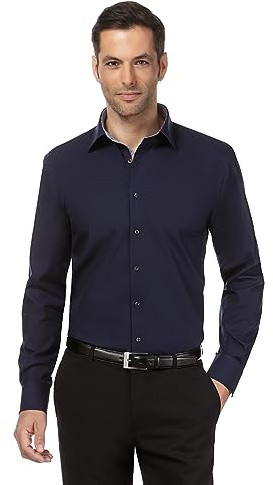 Vincenzo Boretti Chemise Homme Coupe Normale Regular-fit, 100% Coton, Tissu Infroissable et agréable à Porter, Manches-Longues, col Kent, Unie avec triplure de Contraste Bleu foncé 39-40