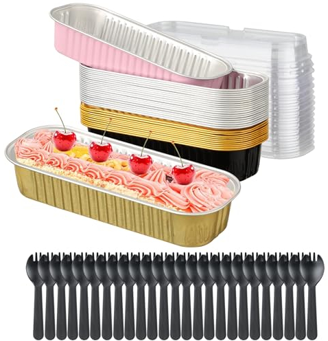 Chuboir 30 mini teglie per pagnotta con coperchi e cucchiai, teglie da forno in alluminio da 200 ml, tazze da forno riutilizzabili in alluminio