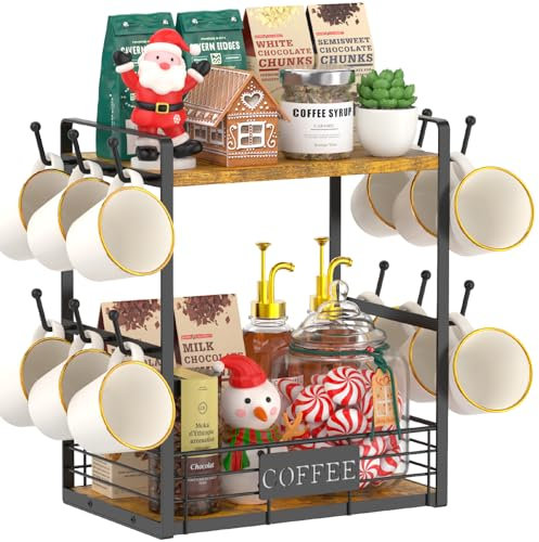 EsLuker.ly Support de tasse à café - Organiseur de bar à 2 niveaux pour comptoir de cuisine, tour de rangement avec 12 crochets, rehausseur de coin café, marron vintage noir