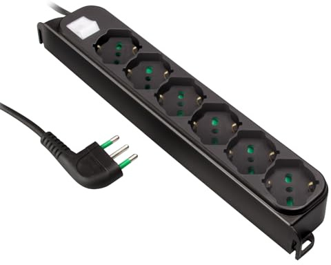 Ekon multipresa a ciabatta con 6 porte, per spine italiane, per prese schuko, spine europee, cavo da 1.5m, spina italiana 16A, interruttore luminoso, max. 3500W, nero