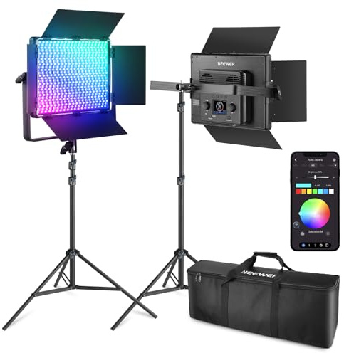 NEEWER 2 Pack PL60C RGB LED Panel Video Light Kit with 6.6ft/2m Spring Cushioned Tripod Stands/Bag, APP/2.4G/DMX Control, 60W 2500-10000K Pro Photography Studio Recording Streaming Key Lighting