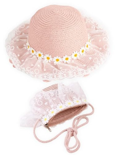 Traje De Sombrero De Paja para Niñas,Decoracion De Flores Gorro De Playa,Sombrero Ancho De Playa De Verano,Kid Summer Beach Sun Sombreros,para Niños Beach Piscina Al Aire Libre Viajamiento(Rosa)