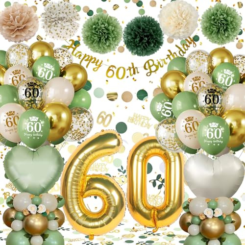 Decoration Anniversaire 60 ans,Décoration 60 ans Anniversaire Femme Homme,Vert Or Ballon 60 ans Anniversaire de Fête,Bannière Happy 60th Birthday, PomPoms, Ballons en Aluminium Coeur Réutilisable