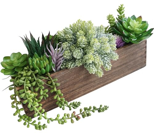 Winlyn Pianta grassa artificiale assortita da 38,1 cm, piante grasse assortite in vaso rettangolare in legno, pianta in finto vaso, per tavolo da fattoria, centrotavola, davanzale, mensola, scrivania