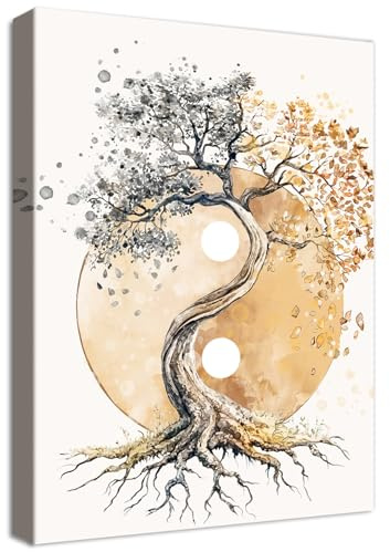 HALFLEMART Cadre en Bois Impression sur Toile Arbre de Vie Yin Yang Tableau Image sur Toile Affiche Bouddhisme Zen Beige Tableau Decoration Murale Salon Chambre Coucher Salle de Bains Couloir 30x40cm