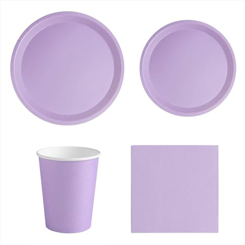 MAXI PRODUCTS - Set Vajilla Desechable Fiesta 20 Personas Lavanda - 114 piezas - Vasos Cartón 270 cc + Platos Cartón Ø17 y Ø20,5 cm + Servilletas Papel 25x25 cm - Menaje para Cumpleaños y Eventos