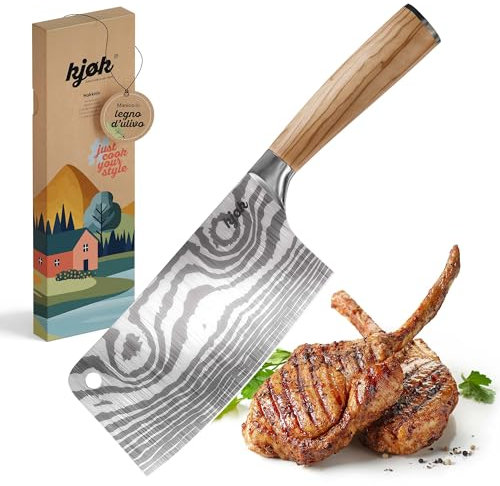 kjøk Premium Coltello da chef cinese Mannaia con manico ergonomico in legno d'ulivo e lama da 17cm in acciaio 7cr durezza 58±2 HRC - Coltello da cucina per verdure costine pollo carne