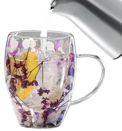 GjnjfdF Vaso de vidrio de doble capa de flores vasos de doble pared 350ml taza de vidrio de doble pared taza con flores secas para chocolate café té helado para hombres y mujeres