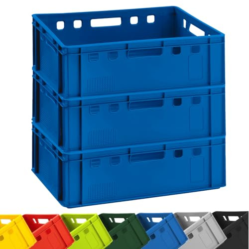 BURI 3 x cassette per carne E2, blu, 60 x 40 x 20 cm, cassette per macellaio, Eurobox dalla Germania, per alimenti, robuste, impilabili