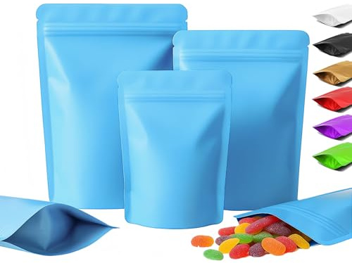 Plaphy 100 Bolsas Zip Doypack Herméticas, Stand Up Pouch de Colores Mate, Bolsas Mylar de Aluminio de Pie con Cierre Resellables para Empaque y Almacenamiento de Alimentos (Azul, 16 x 24 cm)