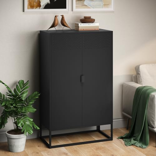 skølm Izar Metall Kommode – Wohnzimmerschrank in Schwarz – Metallschrank mit 3 Fächern & Doppeltüren – Sideboard für Wohnzimmer – Mehrzweckschrank 80 cm breit – Highboard Industrial Style