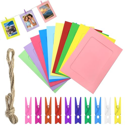 lyualma 40 Pezzi Portafoto in Cartone 11,5x15,5 cm Cornici Portafoto in Carta con 40 Mini Clip e 4 Corde di Lino di 2 Metri per Foto DIY, Compleanno, Decorazione(Colore)