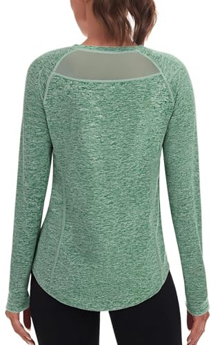 Wayleb Womens T Shirts Long Sleeve Crew Neck Gym Wear Mesh Back Green