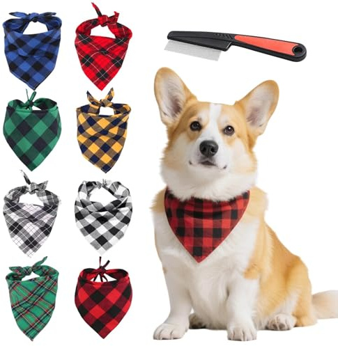 Dog Bandana, 8 Pack Dog Neckerchief with Comb, Reversible Plaid Painting Bibs Scarf, Dog Bandanas for Small Medium Large Dogs, Washable and Adjustable for Dogs Cats Pets