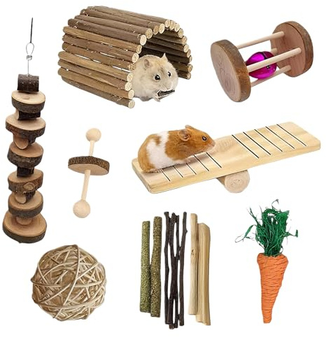 BAIFULAI Set di giocattoli da masticare per conigli, in legno naturale, con bastoncini di mela, timothy, giocattolo per denti molari, cura dei denti per criceti, porcellini d'India, pappagallo