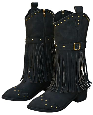 MEECHI Stivali da Cowboy Western retrò con Frange Boots da Donna in Pelle PU con Rivetti Stivali da Equitazione da Donna con Cerniera Laterale Scarpe A Punta con Tacco A Blocco(Black,38 EU)