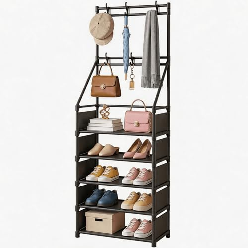 ULYVU Coat Rack with 5 Tier Shoe Storage Shelves, Multifunctional Metal Entryway Storage Organiser, Free Standing Coat Stand for Hallway, Bedroom, Cloakroom, Black