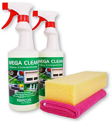ABACUS® 2x 750 ml Wega Clean - Werkzeugreiniger Gartenreingier Fettlöser Nikotinentferner Rußentferner Insektenentferner-Reiniger + Tuch und Schwamm (7377)
