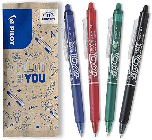 PILOT - 4 FriXion Ball Clicker - Encre Gel Effaçable - Stylo Roller Rechargeable, Rétractable et Ergonomique - Noir, Bleu, Rouge & Vert - Pointe Moyenne