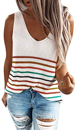 ORANDESIGNE Débardeur Femme Top en Maille à Bretelles Haut Sexy Blouse sans Manches Col V Chic Tee-Shirt Mode Casual Eté Printemps Automne D Blanc M