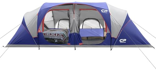 CAMPROS CP Tent 12-Person-Camping-Tents,3 Room Family Tents,Waterproof Windproof Family Tent with Top Rainfly,6 Large Mesh Windows,Double Layer,Easy Set Up, Portable with Carry Bag-20' x 9' x 72(H)