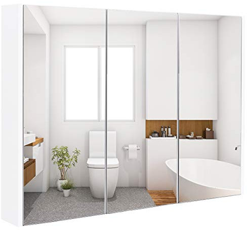 GOPLUS Spiegelschrank mit 3 Türen, Badezimmerschrank mit Spiegel, Hängeschrank mit verstellbaren Ebenen, Wandschrank Bad für Badezimmer, 65 x 11 x 90 cm