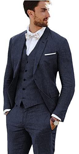 Men Suits Linen 3-Piece Suit for Men Slim Fit Groom Outfit Summer Beach Wedding Tuxedo Vest Blazer Pants Navy-M