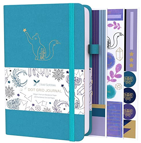 VIVID SCRIBBLES prickad journal – 160 gsm luftningssäkert tjockt vitt papper – 200 numrerade rutnätssidor – 5,8 x 8,3 tum prickad anteckningsbok