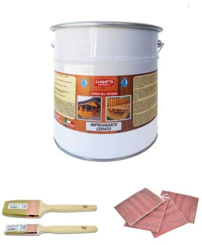 ZAMBOTTO VERNICI KIT carta e pennelli + Impregnante cerato all'acqua per legno interni ed esterni in varie colorazioni FORMATO 0,75 LITRI (215 - Verde Veneziano)