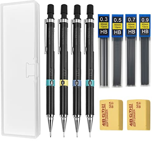 4 st mekaniska pennset 0,3 0,5 0,7 0,9 mm HB mekanisk penna automatisk penna arkitektur framdrivande penna med gummi penna blypåfyllning pennfodral för konstnär skola ritning skrivande skissning