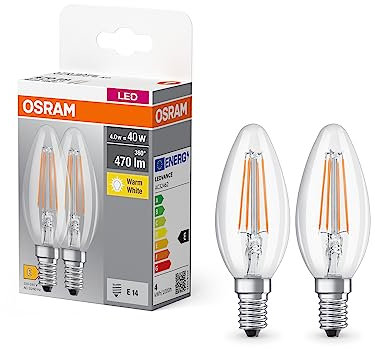 OSRAM Lampada LED BASE CLASSIC B FIL 40 con attacco E14, candela, confezione doppia, 4W, 470lm, 2700K, luce bianca calda, bassa emissione di calore, lunga durata, basso consumo energetico