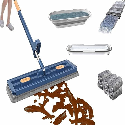 Roseionly Mocio Piatto Grande, Set Mocio Piatto con Secchio, Mocio Manico Lungo in Acciaio Inossidabile con 6 Tamponi in Microfibra Riutilizzabili, Mocio Magico 360° con Raschietto Drenante (Blue)