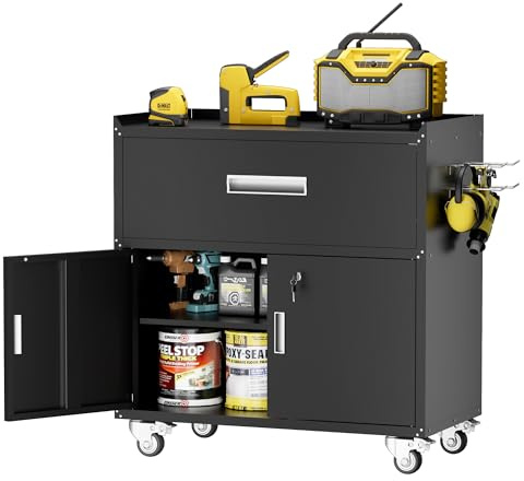 LCAOPC Metal Garage Storage Cabinet with Wheels, Lockable Rolling Tool Chest with Wheels, Tool Cabinet on Wheels, Metal Rolling Utility Cabinet for Home, Office, Garage and Workshop, Black