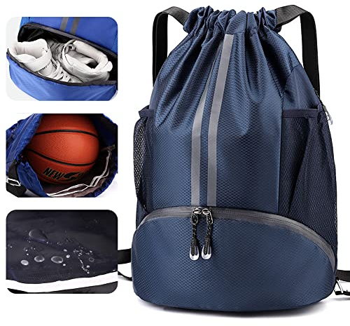 Veki Sport Rucksack mit Kordelzug, Turnbeutel Wasserdicht für Damen und Herren, Sportbeutel mit Bodenfach für Basketball, Fußball, Volleyball, Gymsack für Reisen, Fitnessstudio, Schwimmen (Blau)