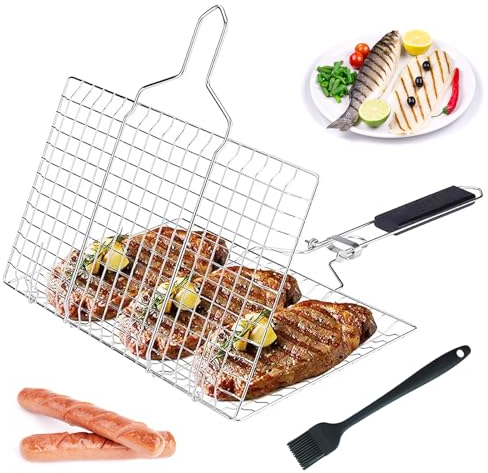 FZYCOM PNOOFR Panier Grille pour Barbecue, Grille Barbecue, Plat Cuisson Barbecue en Acier Inoxydable avec poignée, Support de Barbecue Portable pour l'extérieur avec Brosse à Badigeonner