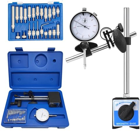 Dial Indicator with Magnetic Base and Point Precision Inspection Set, Dial Test Indicator Long Arm 0-1 Professional Gauge 0.001, Magnetic Dial Indicator Base Holder with Fine Adjustment (Blue)